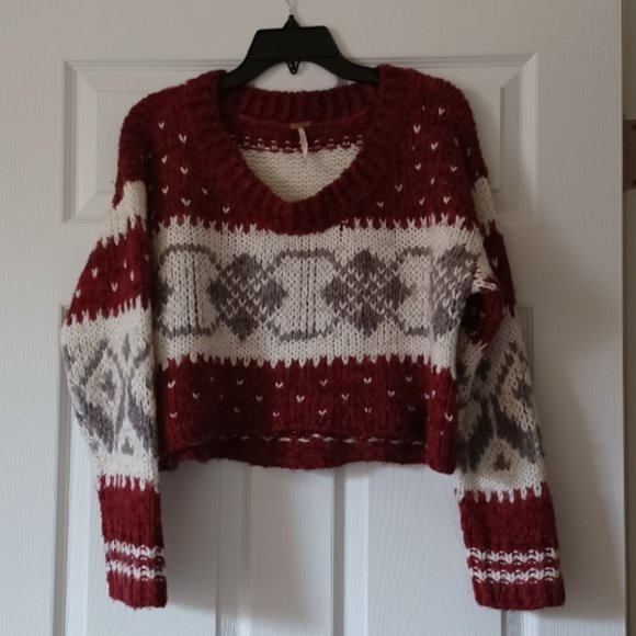 Free People Fair Isle Cropped Oversized Fuzzy Knit Sweater Size XS - Picture 2 of 5